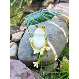 Tượng ếch xanh cầm lá môn che mưa 12x28x8cm | Trang trí bể cá, sân vườn, tiểu cảnh