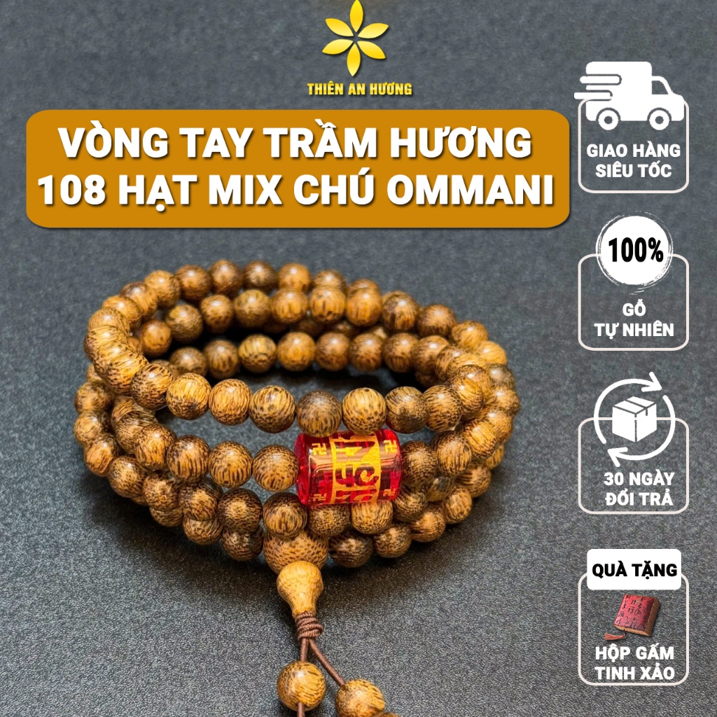 Vòng Tay Trầm Hương 108 Hạt Mix Chú OmMani Padme Hum Theo Mệnh
