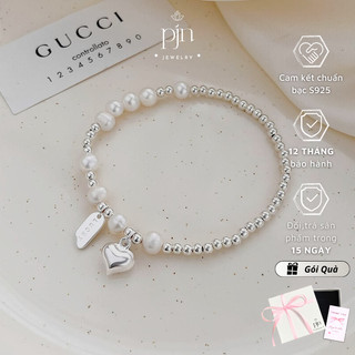  Vòng Tay Lắc Tay Bạc S925 PJN Mix Ngọc Trai Nước Ngọt  Charm Tim Đáng Yêu – Phong Cách Thanh Lịch Sang Trọng VT28 