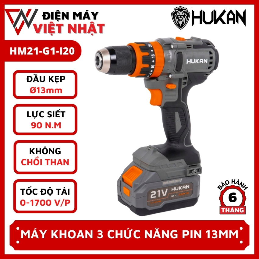Máy khoan Hukan đầu 13MM (GEN1) HM21-G1-I20 bản màu cam, lực siết 90N, không chổi than, chân pin phổ