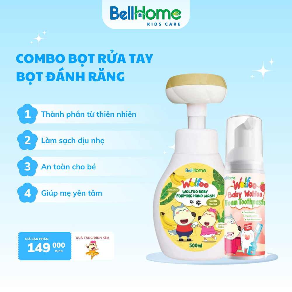 Bọt rửa tay cho bé Wolfoo Baby - Kem đánh răng dạng bọt Wolfoo Baby An toàn Dịu nhẹ Không cay
