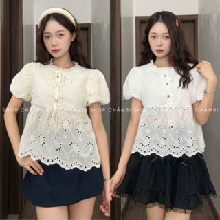 Áo sơ mi nữ A.748, Áo babydoll cổ tròn tay bồng bo chun phối 3 cúc thô boi chân ren phong cách dễ thương - Shop Chấm Bi