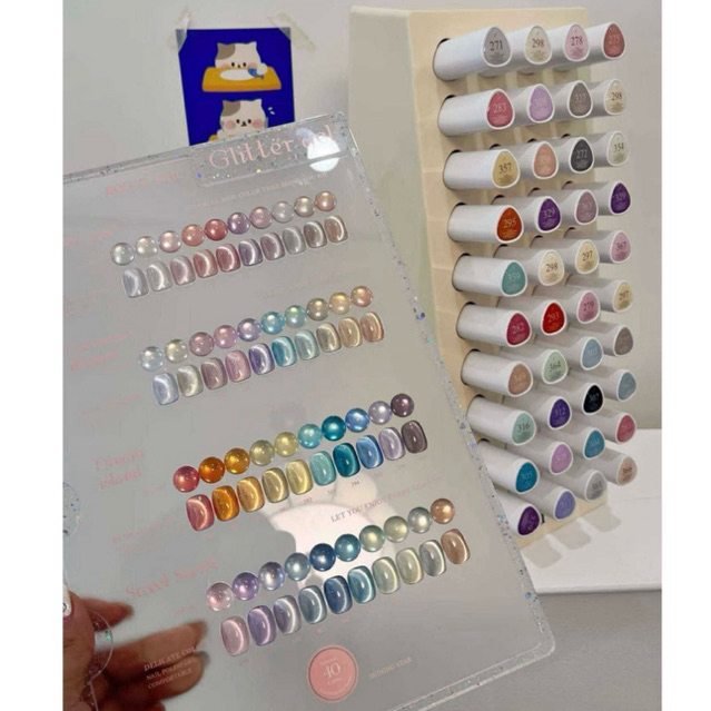 Set sơn mắt mèo cao cấp Rouni 40 màu tặng kèm bảng màu + kệ đựng chai sơn mã mới 2025 Nguyễn Thúy Hà