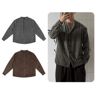 Áo sơ mi dài tay cổ tàu Henz Jack Lane, Áo sơ mi kẻ sọc form boxy chất vải đũi pha dạ