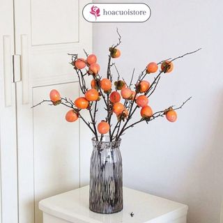  Hoacuoistore - Cành Quả Hồng Giả 9 Quả Tròn 90cm Cành Quả Giả Cắm Bình Hoa Để Bàn Trang Trí Nhà Cửa 
