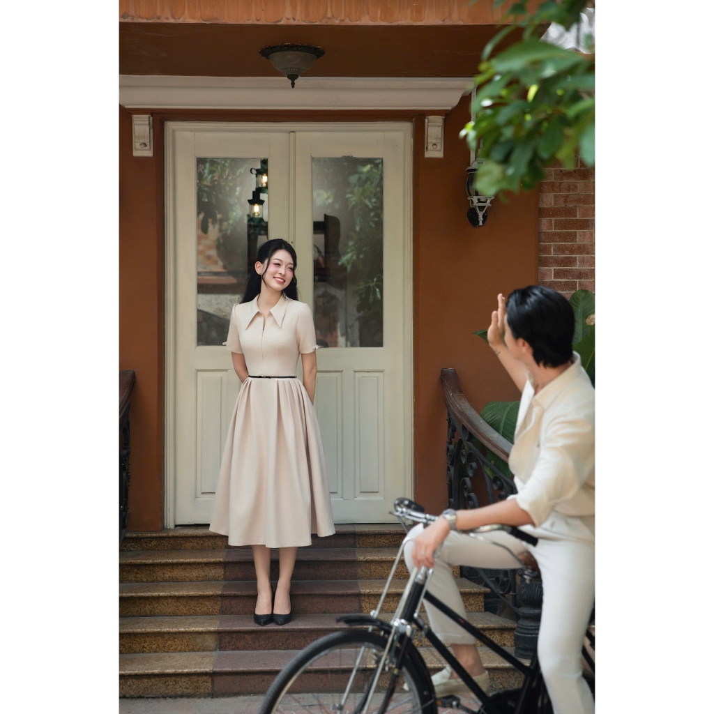 (Blue to bloom) Váy dáng xòe chất chéo hàn đai eo nơ cao cấp, form basic thanh lịch thời trang Calie VX269 | BigBuy360 - bigbuy360.vn