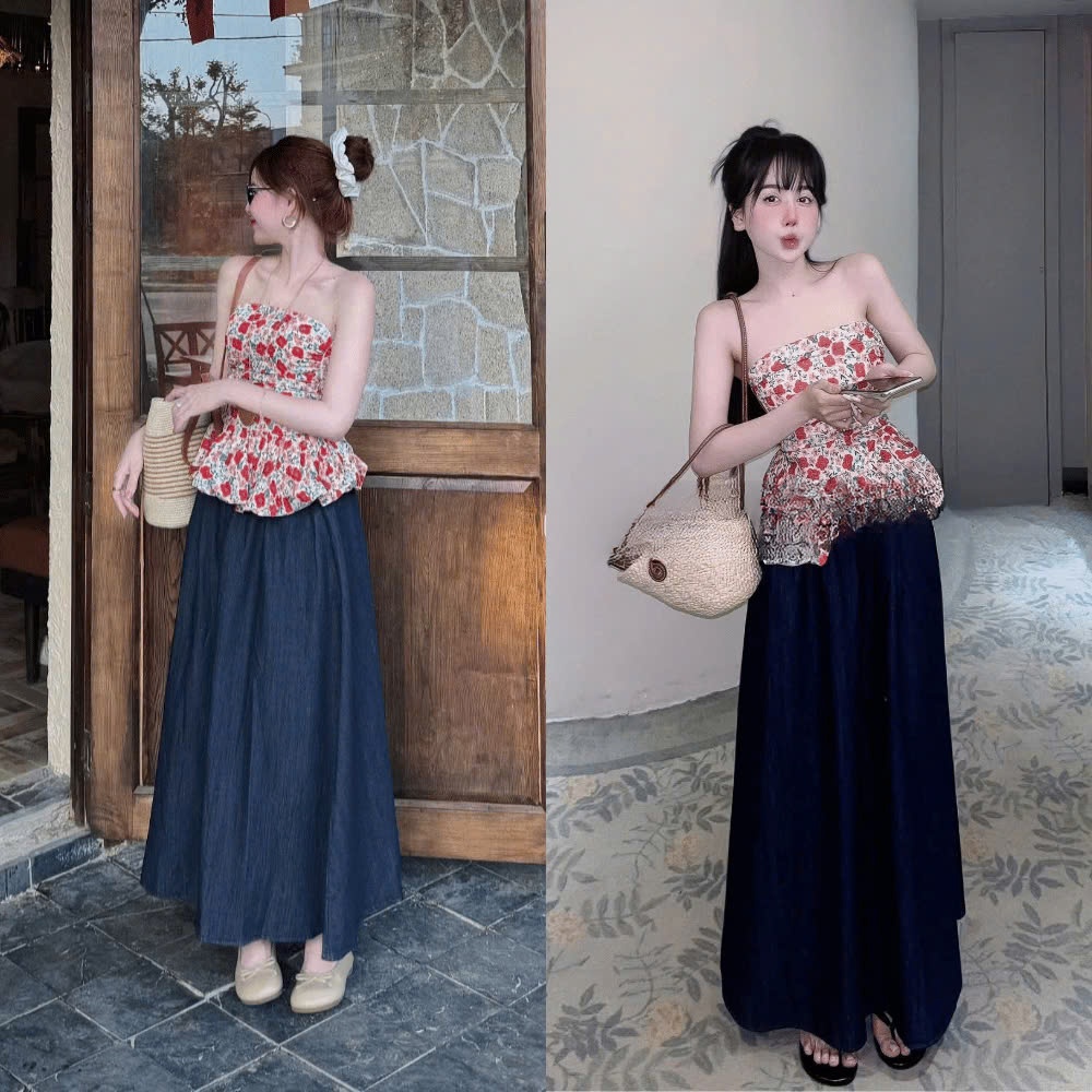 Set Áo Quây Hoa Bí Mix Chân Váy Demin 2001 Clothing