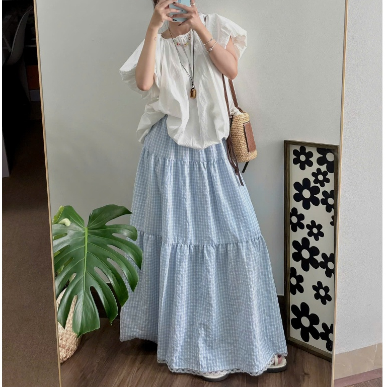 (ẢNH OLDSCHOOL) Chân váy dáng dài nữ 3 tầng caro xanh ren gấu CV3256