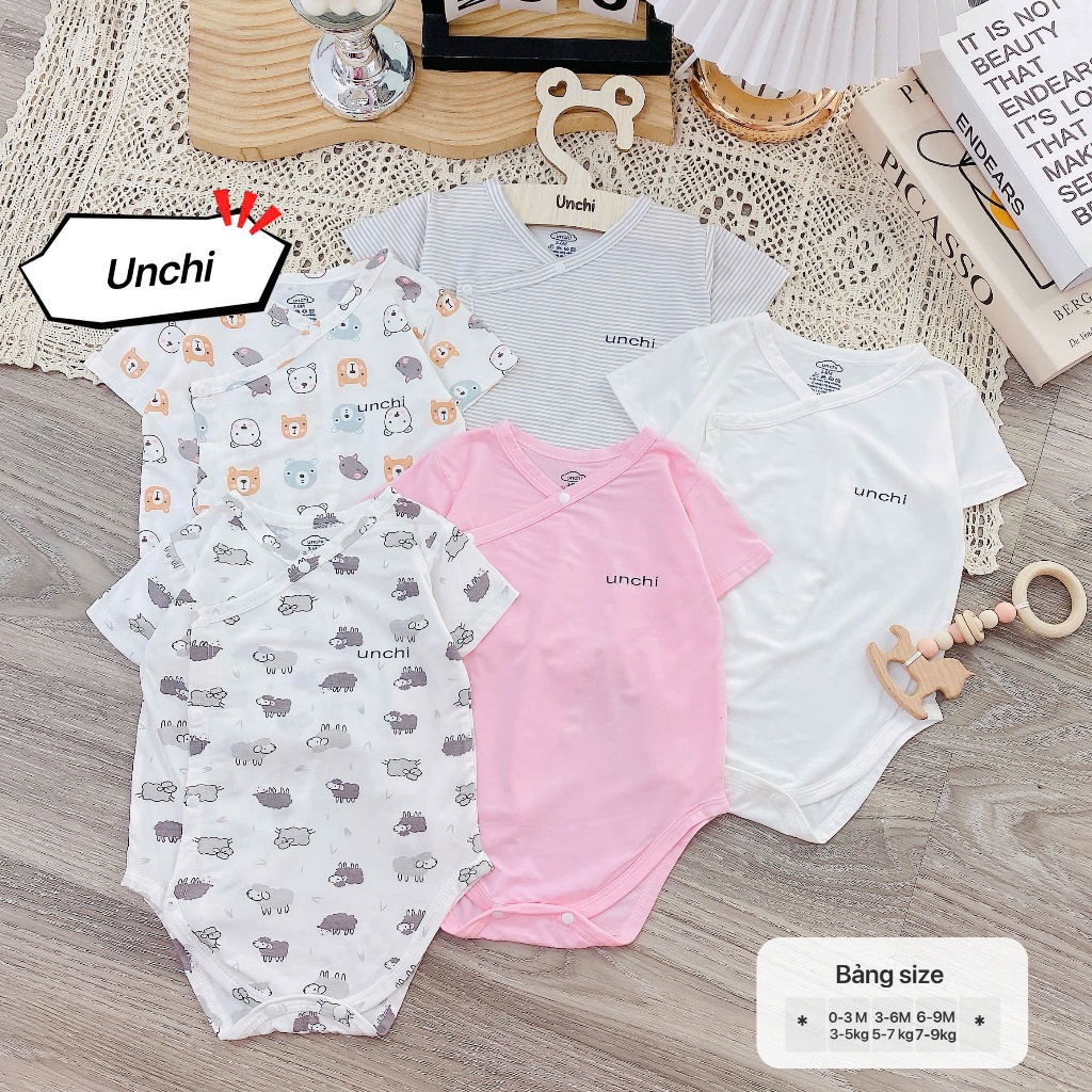 CHIP8. Bodysuit sơ sinh Unchi vải petit mềm mỏng mát, khuy bấm dọc cho bé sơ sinh từ 3-9kg