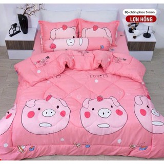 Bộ 5 Món Ga Gối Và Chăn Phao Poly Cotton – Mền Trần Bông Dày, Loại 1, Mềm Êm mẫu heo hồng cute