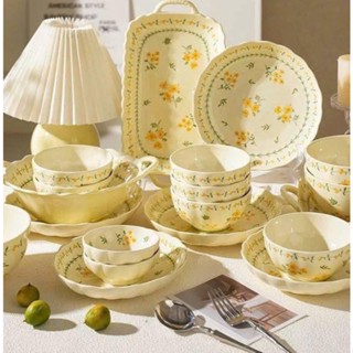 Bộ bát đĩa ăn cơm lẻ món chén dĩa gốm sứ hoa mai vàng sang trọng cho gia đình phong cách Vintage