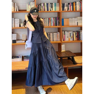 (SẴN) Set jeans giấy áo khoét nách + chân váy dài