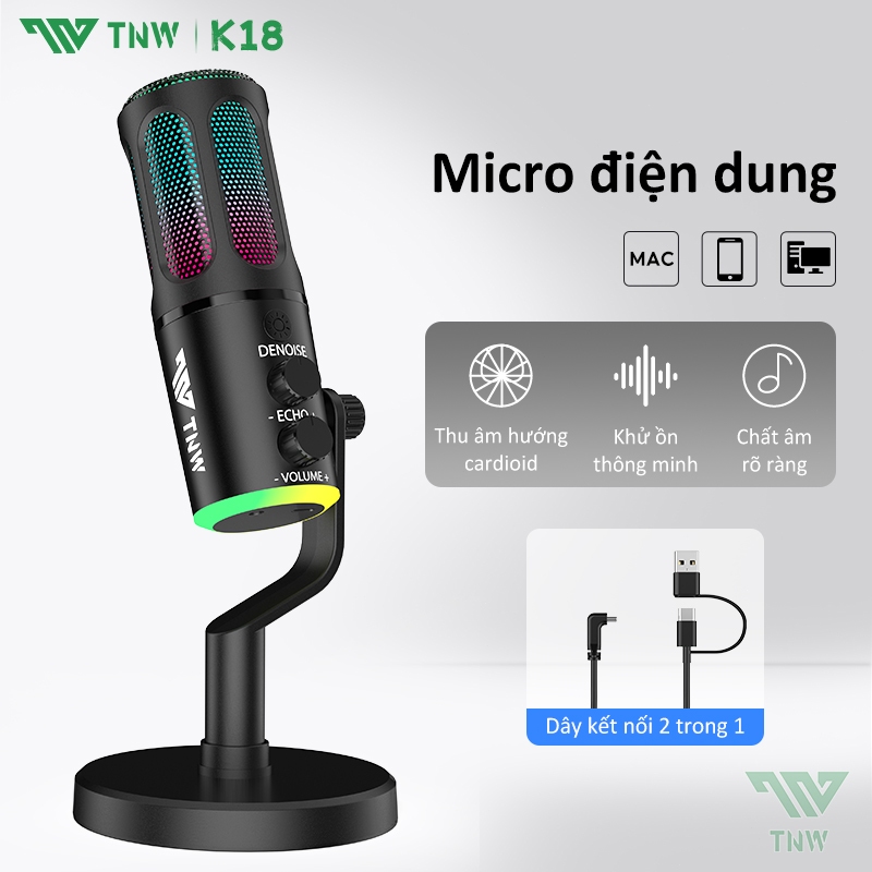 TNW K18 Micrô chơi game không dây USB Đèn RGB Condenser Micro thu âm mic game cho PC/game/livestream