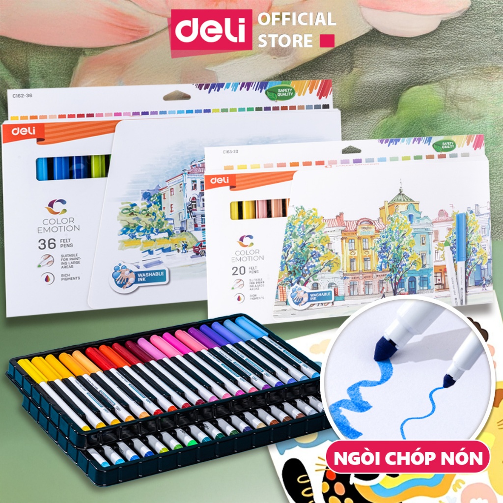 Combo Bút Lông Màu Felt Pen Pastel Basic Ngòi Chóp Rửa Được Deli - Dùng Tô Vẽ Đi Nét Calligraphy Hig