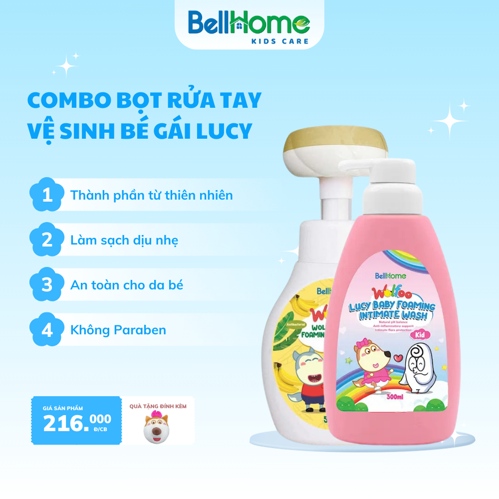 Combo Bọt rửa tay thảo dược Wolfoo Baby - Dung dịch vệ sinh bé gái gốc thực vật Wolfoo Baby