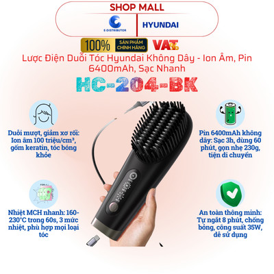 [HỎA TỐC] Lược điện duỗi tóc không dây Hyundai HC-204-BK - Ion âm, pin 6400mAh, sạc nhanh - Hàng chính hãng