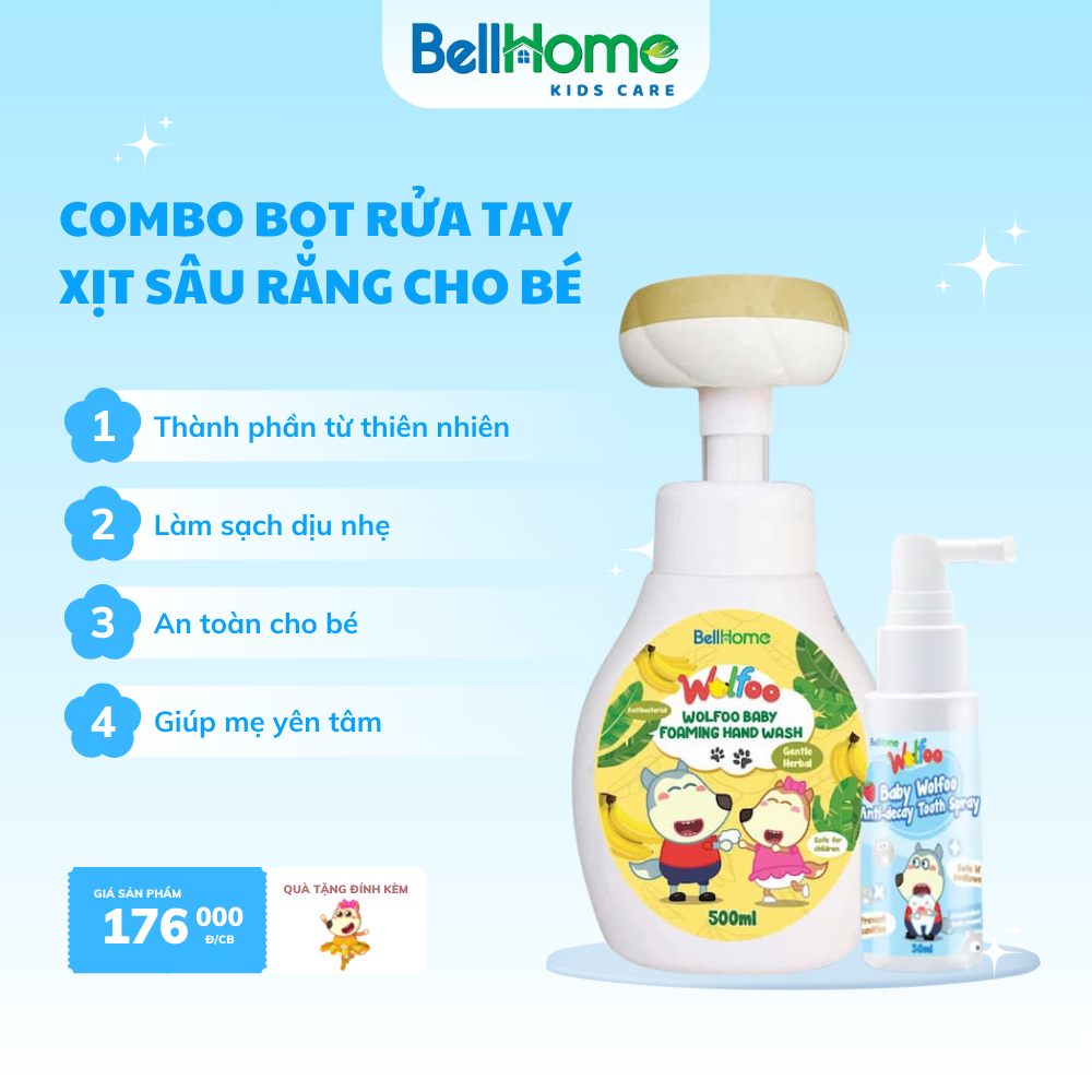 Bọt rửa tay cho bé Wolfoo Baby an toàn dịu nhẹ - Xịt chống sâu răng Wolfoo Baby bảo vệ răng miệng