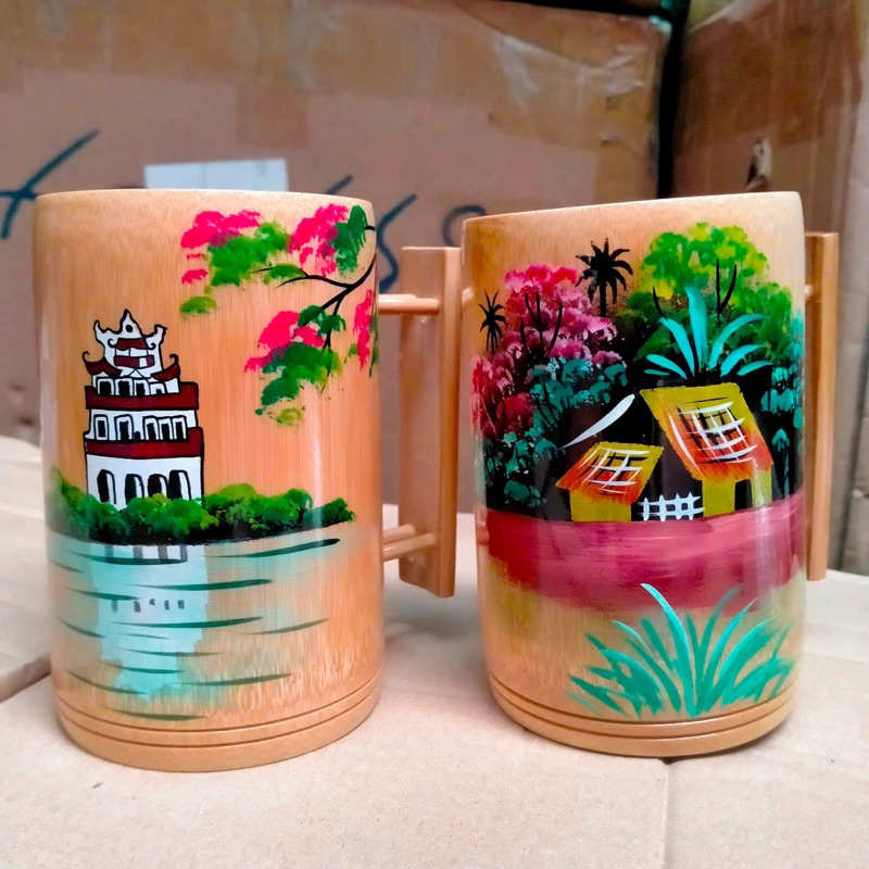 Cốc Ly tre vẽ tay có quai cầm hình ảnh phong cảnh Việt Nam  - quà tặng lưu niệm Việt Nam