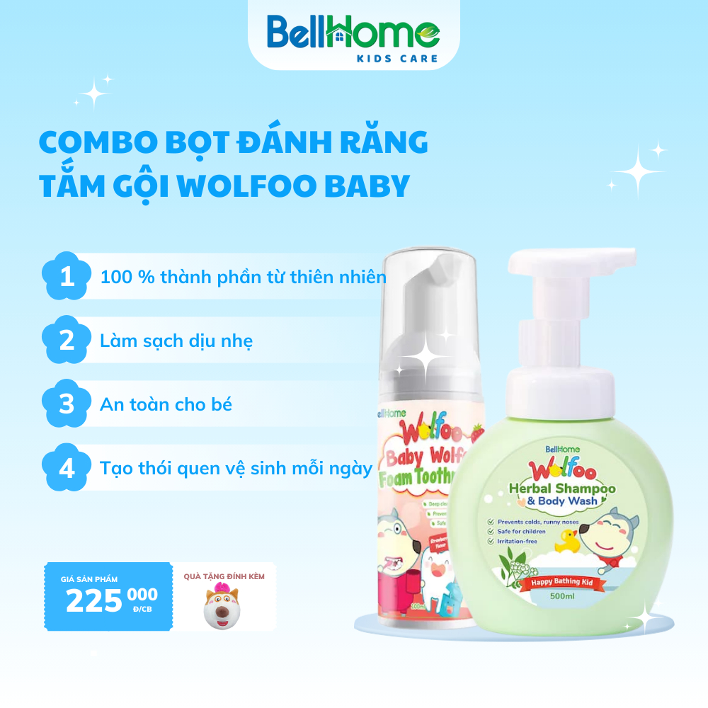 Combo Bọt đánh răng cho bé Wolfoo Baby - Bọt tắm gội thảo dược Wolfoo Baby An toàn Làm sạch dịu nhẹ