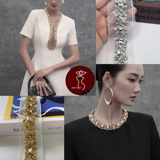Dây viền kết cườm đá pha lê kim sa cao cấp dùng trang trí váy áo thời trang( dài 1m)
