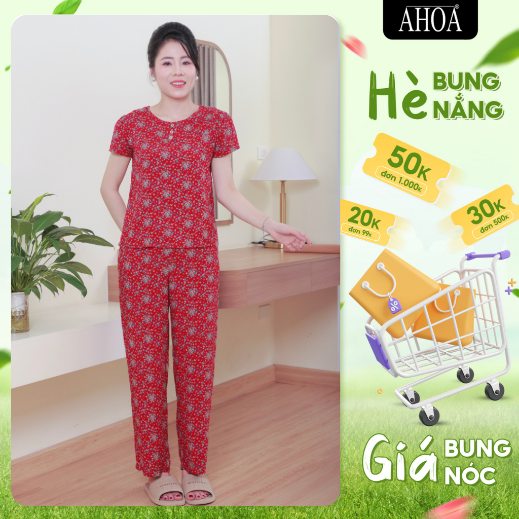 Đồ Bộ Lanh Trung Niên Cho Mẹ AHOA Cổ Tròn Quần Dài, Đồ Tole Nữ Mặc Nhà Cao Cấp, Bộ Lanh Mặc Nhà Trun