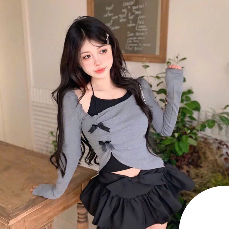  Áo cổ yếm nữ tay dài trễ vai phối nơ vạt chéo -  áo kiểu nữ ôm body tôn dáng A355 