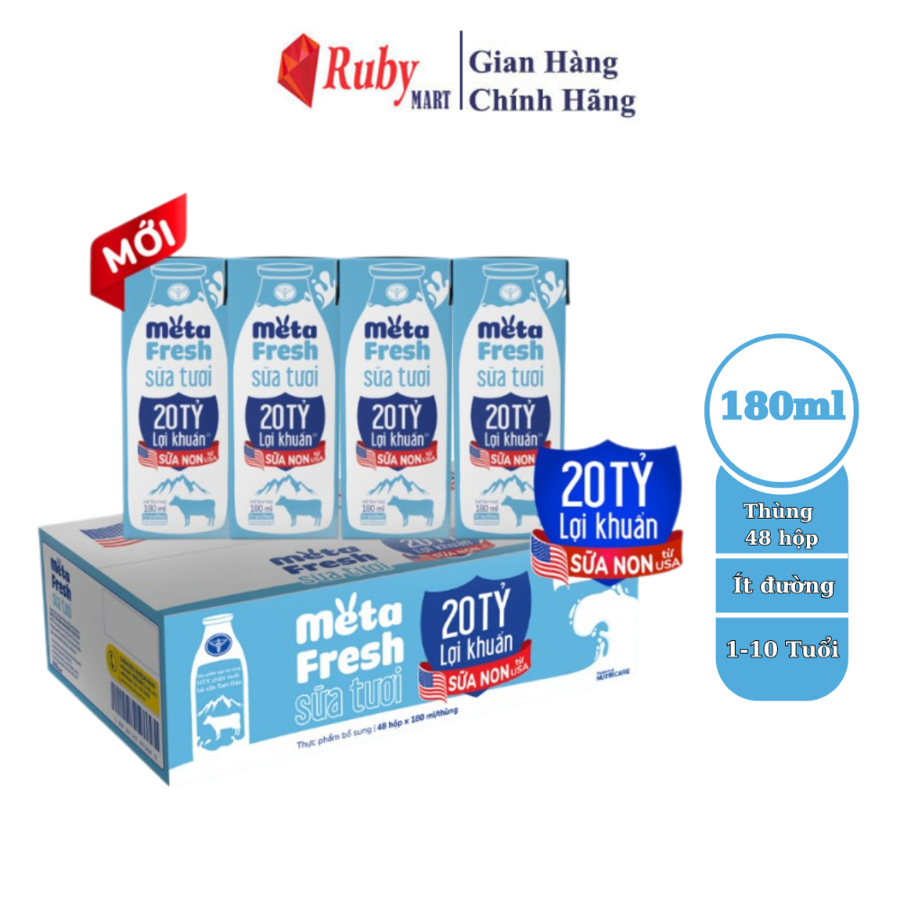 Sữa tươi 180ml Nutricare Meta Fresh lợi khuẩn Ít Đường sữa non tăng cường miễn dịch, đề kháng