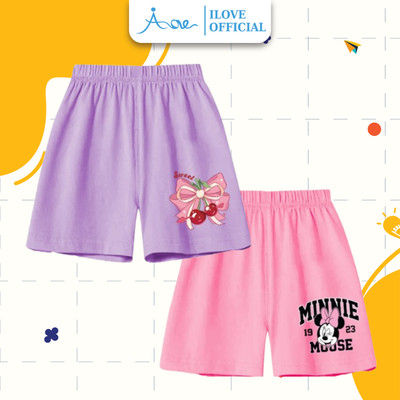 [MỚI] Quần đùi cotton cho bé gái AORE, Quần short có túi in hình Chuột Minnie, Nơ Cherry mềm mịn thoáng mát 8-35kg