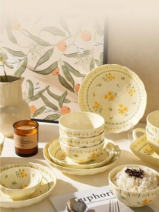 Bán Lẻ bát đĩa sứ hàng nhập khẩu họa tiết hoa mai vàng sang trọng cho gia đình phong cách Vintage