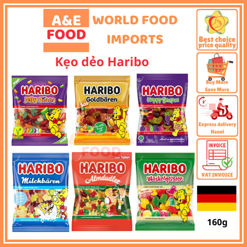 Kẹo dẻo thuần chay Jelly Beans Haribo, Almdudler, Wackelgeister, Milchbaren, Goldbaren saft, Happy G