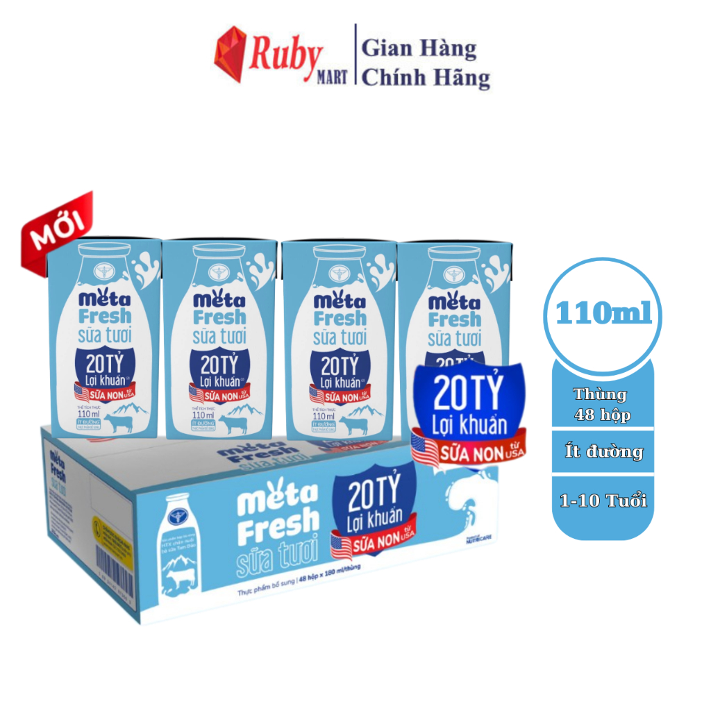 Sữa tươi 110ml Nutricare Meta Fresh lợi khuẩn Ít Đường sữa non tăng cường miễn dịch, đề kháng