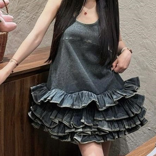 Váy nữ, Váy Suông Jean Balo Liền Chân Váy Bèo Xếp Tầng