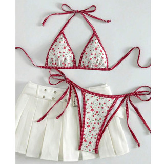 [CÓ SẴN] Set bikini Hai mảnh Hoa Nhí Đỏ Viền Caro🌸 Áo bơi Áo tắm đi biển 🌺 Freeship (EBS01)
