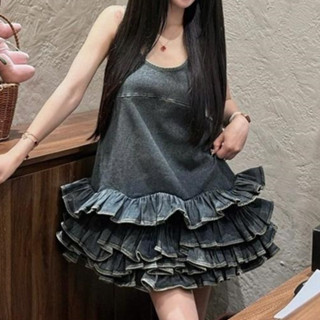 Váy nữ, Váy Suông Jean Balo Liền Chân Váy Bèo Xếp Tầng