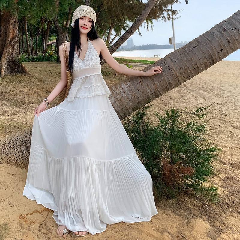 Set 2 Món Áo Hai Dây Phối Tầng Váy Maxi Trắng Dài Thiết Kế Ren Gợi Cảm Style Boho Dịu Dàng