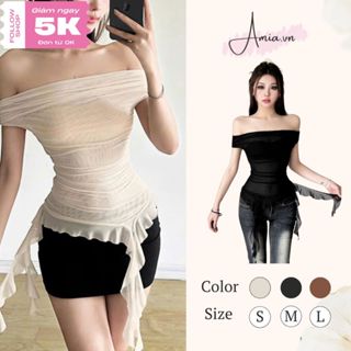 Áo trễ vai lưới vạt ren tua rua, Áo ren mùa hè cho nữ bẹt vai, lệch vai ôm body