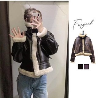 Áo khoác da Forgirl áo da lót lông dáng ngắn kèm đai cổ phối túi phong cách cá tính T093