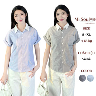  Áo Sơ Mi Kẻ Phối Cổ Trắng Tay Hến Mix Túi Trước Thanh Lịch BigSize Áo Sơ Mi Cổ Phối Tay Áo Gấp Gấu MiSoul 407 