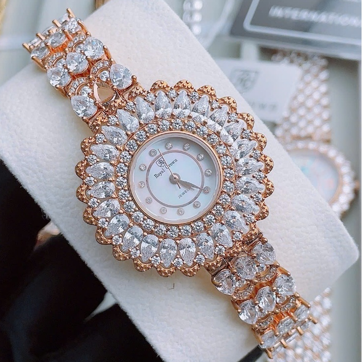 Đồng Hồ Nữ Royal Crown Hoa Tuyết Đính Đá Vỏ Vàng Hồng Size 36mm Quartz - Royal Crown 6804