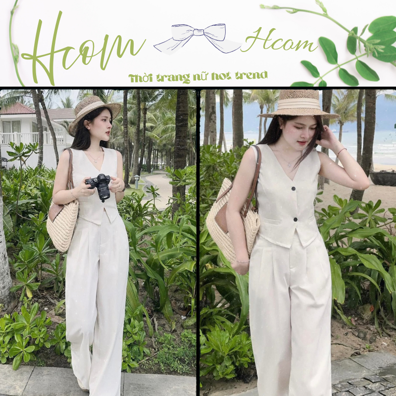 Set đồ nữ, đồ bộ nữ công sở áo vest sát nách phối quần ống suông trắng kem