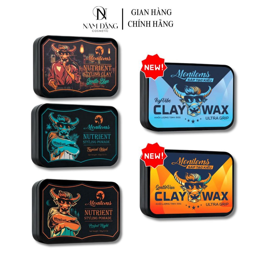 Sáp vuốt tóc Menitems Clay Wax Ultra Grip 90g, Perfect Night, Tropical Wind, Gentle Blue 50g-100g