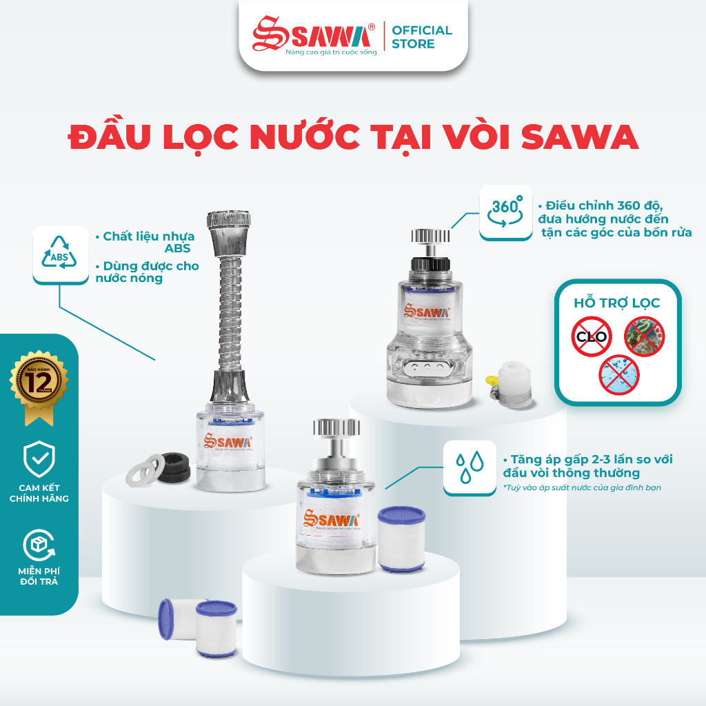 Vòi lọc nước Sawa S85P tăng áp với cổ xoay 360 độ - Đầu lọc nước tại vòi tiện dụng, bộ lọc tiêu chuẩn S85P, có túi phụ k