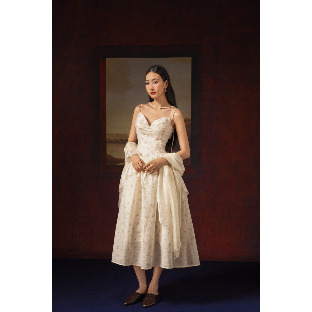 Đầm hoa midi hai dây cúp ngực dáng xoè THE COUNTRY Ophelia Midi Dress vải cotton xô