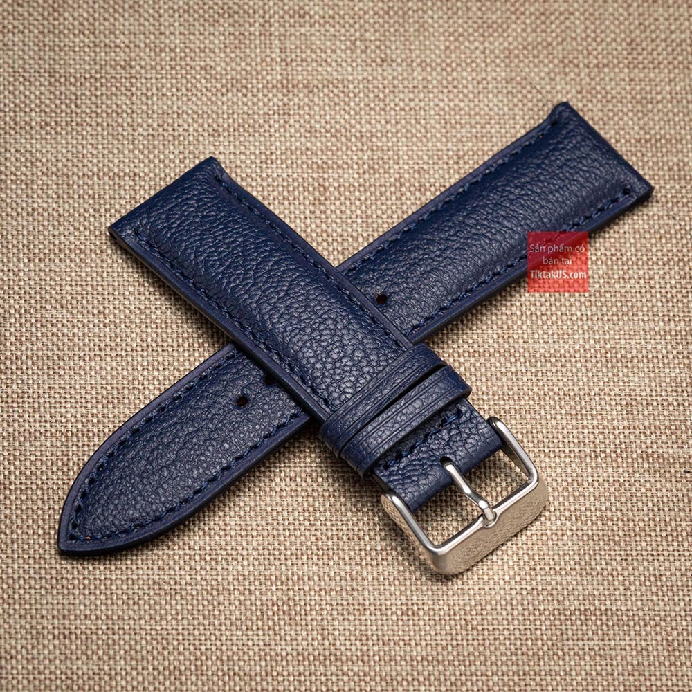 Dây đồng hồ da bò dập vân Alran màu xanh navy kèm khóa và chốt, da bò thật…