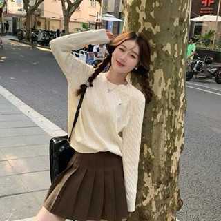 Áo len nữ, áo len tay dài cổ tròn thêu ngựa vặn thừng hàng len dêt kim QCCC chất lem mềm min màu trắng đen xám xanh đỏ -