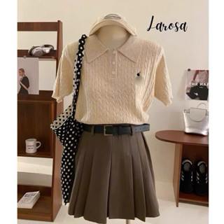 Áo Len Dệt Kim, Áo Cộc Len Vặn Thừng nữ Cổ Bẻ Tay Ngắn Dáng Ôm Vừa Người Phối Thêu Ngựa Ngực Phong Cách Hàn Quốc