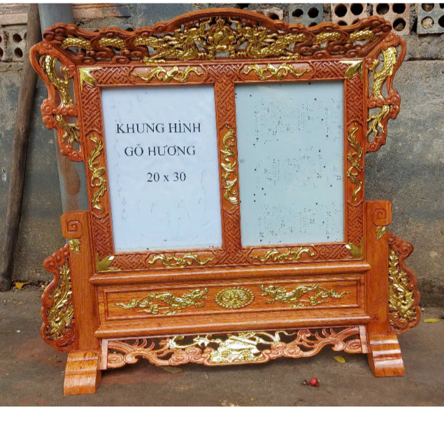 Khung ảnh thờ đôi gỗ hương tứ linh nhũ vàng kt mỗi ảnh 20x30 cm