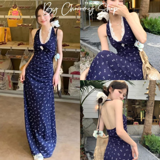  ChocomyShop - Đầm Yếm dáng dài Maxi cổ phối ren hở lưng Hoa nhí đi biển du lịch 