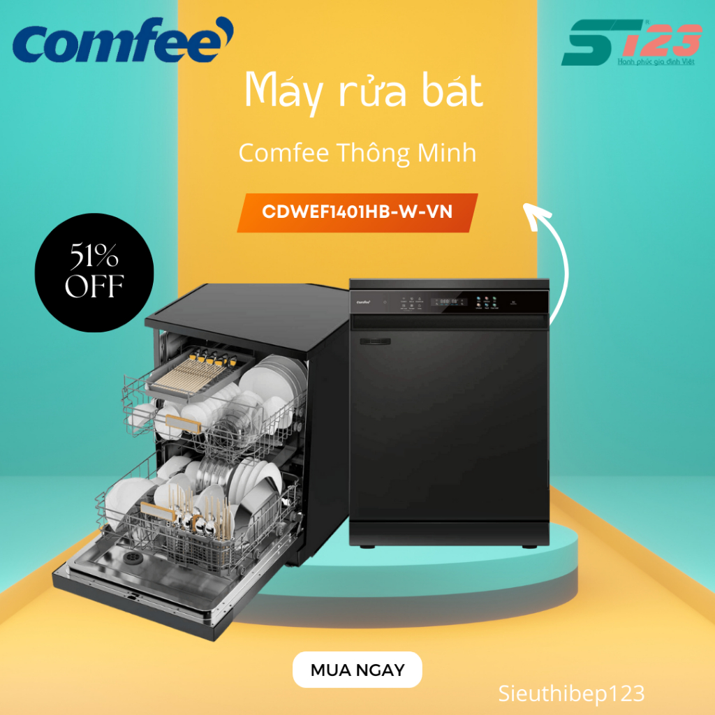 Máy Rửa Bát Comfee CDWEF1401HB-W-VN - 14 Bộ, Sấy Khí Nóng, AI Thông Minh, Điều Khiển Từ Xa