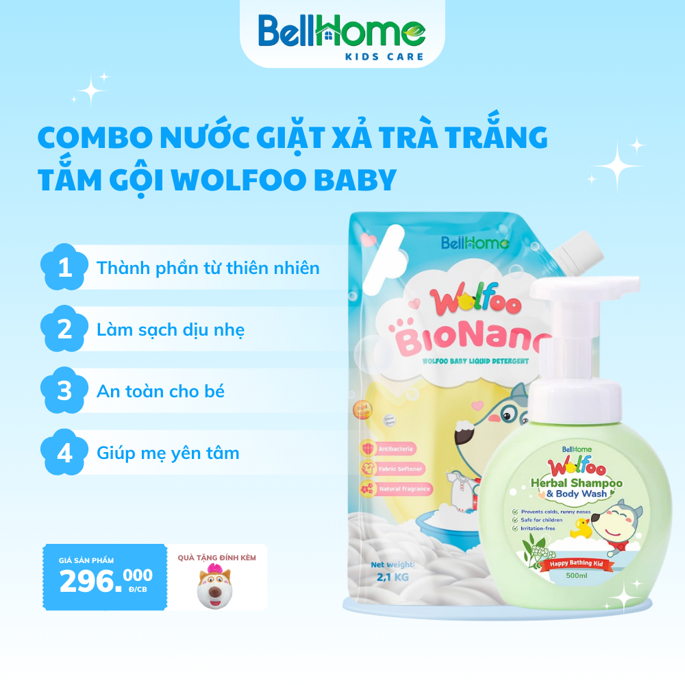 Combo Nước giặt xả Wolfoo trà trắng 2100ml - Tắm gội thảo dược Wolfoo 220ml An toàn cho bé yêu